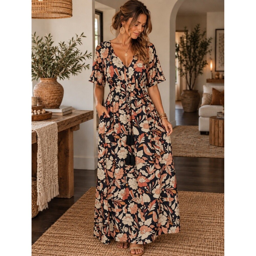 World Market Dark Moody Floral Maxi Dress Sz L XL Kaftan Tasseled Boho Lounge